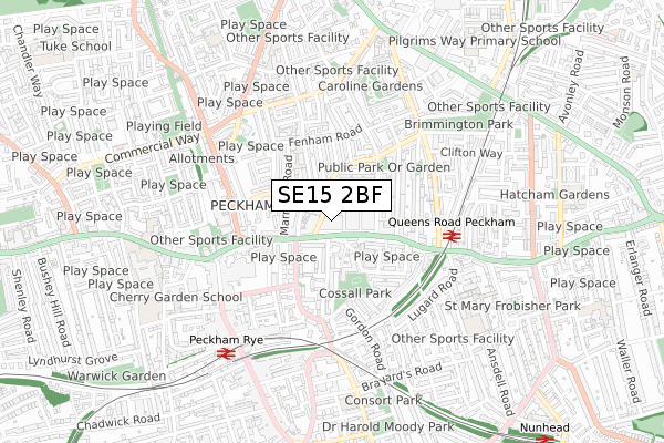 SE15 2BF map - small scale - OS Open Zoomstack (Ordnance Survey)