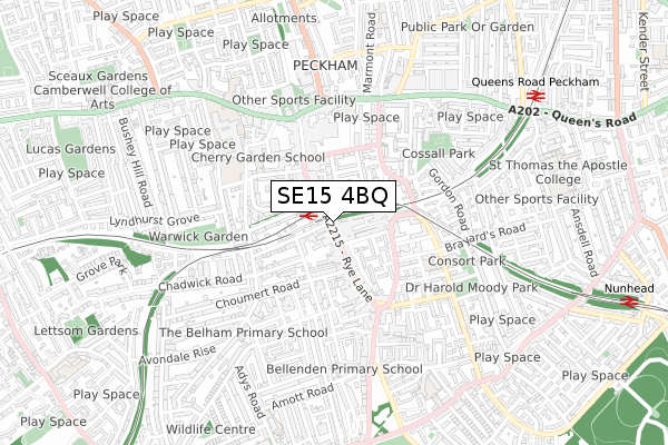 SE15 4BQ map - small scale - OS Open Zoomstack (Ordnance Survey)