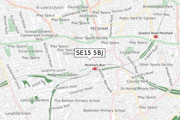 SE15 5BJ map - small scale - OS Open Zoomstack (Ordnance Survey)