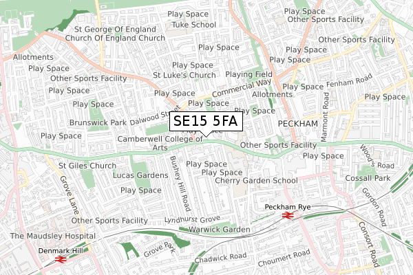 SE15 5FA map - small scale - OS Open Zoomstack (Ordnance Survey)