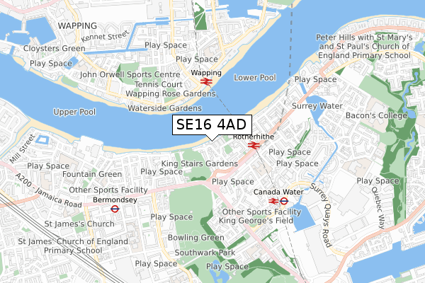 SE16 4AD map - small scale - OS Open Zoomstack (Ordnance Survey)