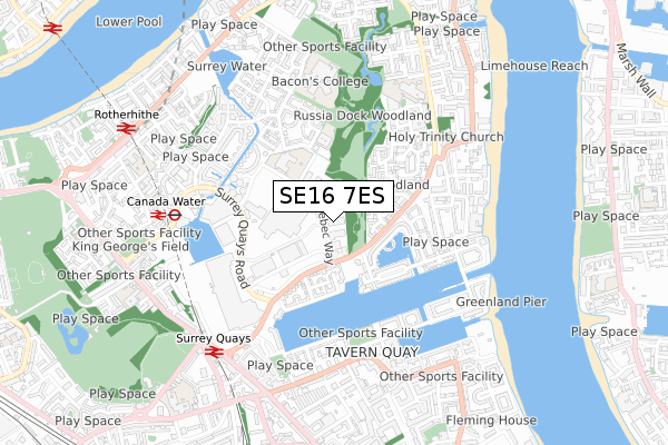 SE16 7ES map - small scale - OS Open Zoomstack (Ordnance Survey)