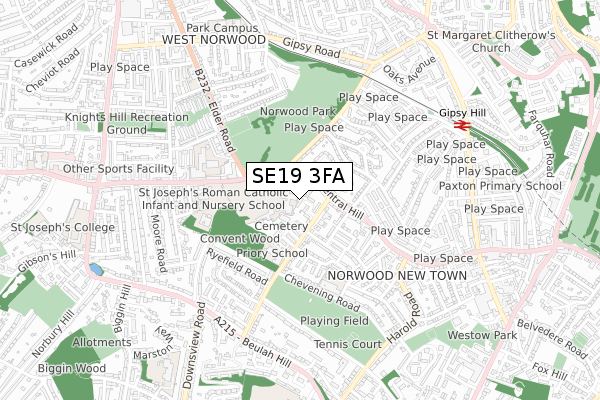 SE19 3FA map - small scale - OS Open Zoomstack (Ordnance Survey)