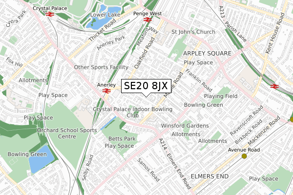 SE20 8JX map - small scale - OS Open Zoomstack (Ordnance Survey)