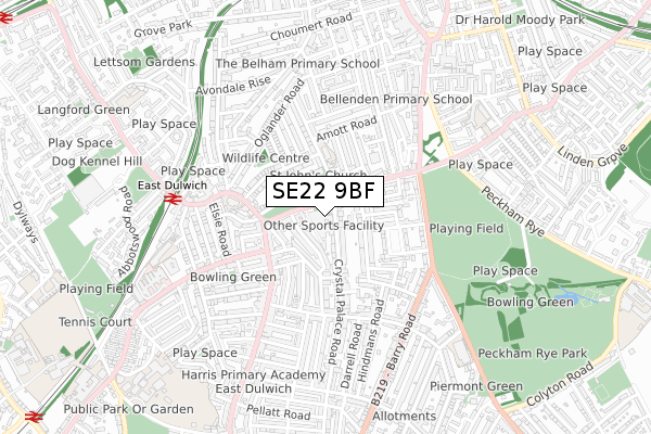 SE22 9BF map - small scale - OS Open Zoomstack (Ordnance Survey)