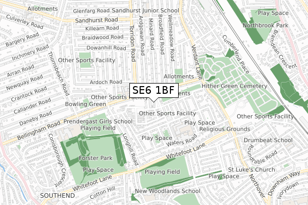 SE6 1BF map - small scale - OS Open Zoomstack (Ordnance Survey)