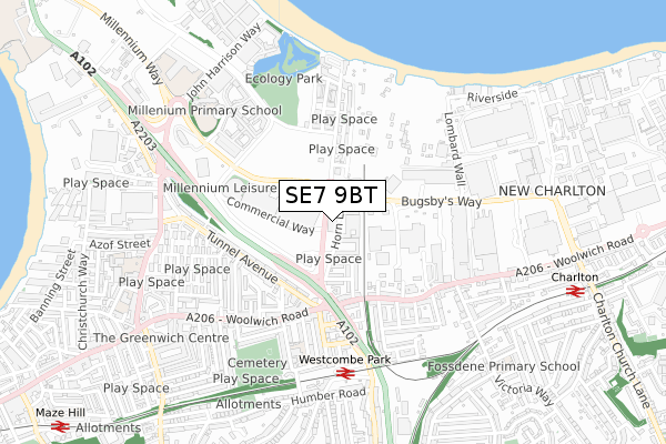 SE7 9BT map - small scale - OS Open Zoomstack (Ordnance Survey)