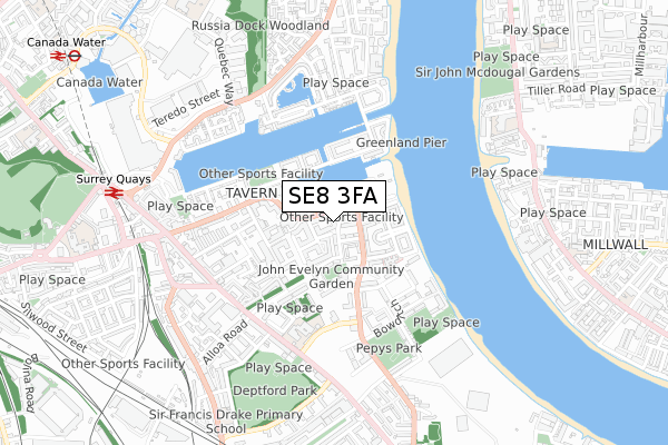 SE8 3FA map - small scale - OS Open Zoomstack (Ordnance Survey)