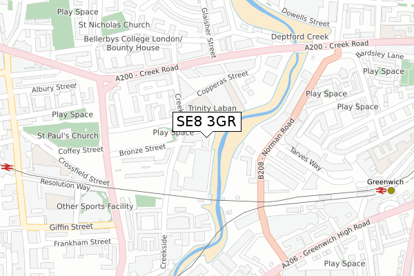 SE8 3GR map - large scale - OS Open Zoomstack (Ordnance Survey)