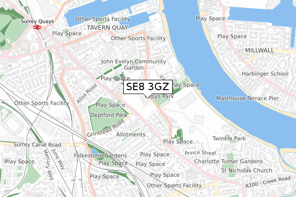 SE8 3GZ map - small scale - OS Open Zoomstack (Ordnance Survey)