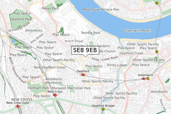 SE8 9EB map - small scale - OS Open Zoomstack (Ordnance Survey)