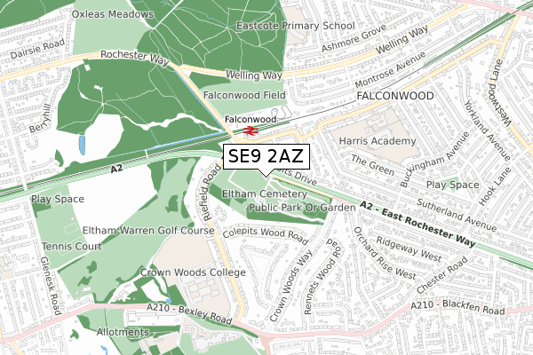 SE9 2AZ map - small scale - OS Open Zoomstack (Ordnance Survey)