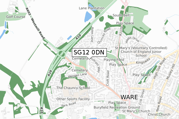 SG12 0DN map - small scale - OS Open Zoomstack (Ordnance Survey)