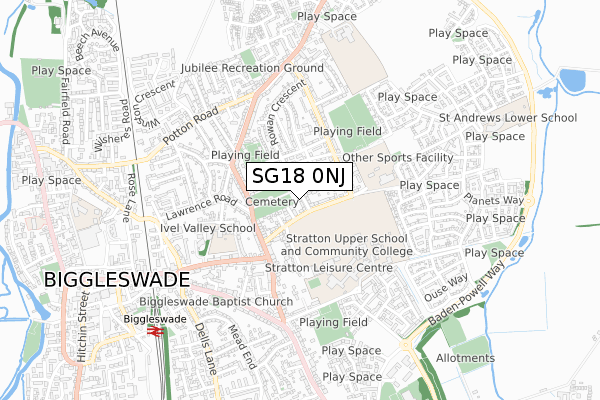 SG18 0NJ map - small scale - OS Open Zoomstack (Ordnance Survey)