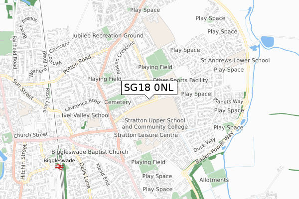 SG18 0NL map - small scale - OS Open Zoomstack (Ordnance Survey)