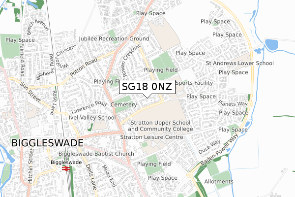 SG18 0NZ map - small scale - OS Open Zoomstack (Ordnance Survey)