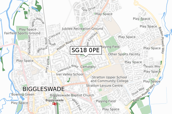 SG18 0PE map - small scale - OS Open Zoomstack (Ordnance Survey)