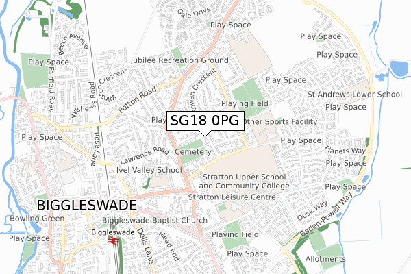 SG18 0PG map - small scale - OS Open Zoomstack (Ordnance Survey)