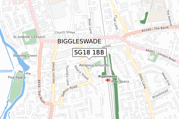 SG18 1BB map - large scale - OS Open Zoomstack (Ordnance Survey)