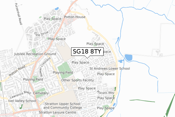 SG18 8TY map - small scale - OS Open Zoomstack (Ordnance Survey) SG18 8TY map - small scale - OS Open Zoomstack (Ordnance Survey)