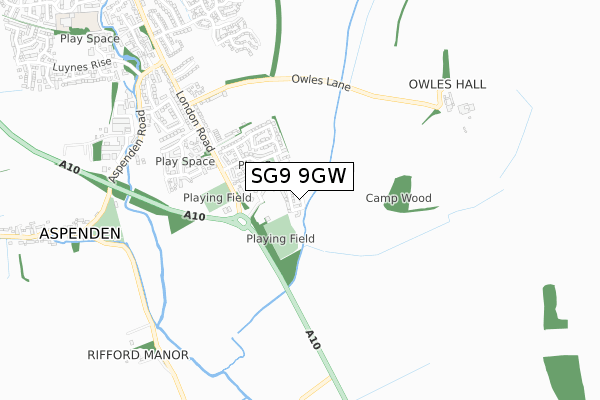 SG9 9GW map - small scale - OS Open Zoomstack (Ordnance Survey)