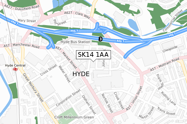 SK14 1AA map - large scale - OS Open Zoomstack (Ordnance Survey)