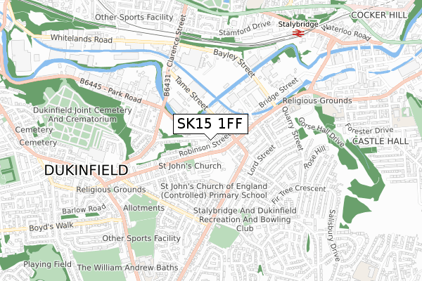 SK15 1FF map - small scale - OS Open Zoomstack (Ordnance Survey)