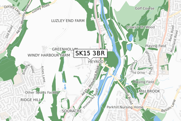 SK15 3BR map - small scale - OS Open Zoomstack (Ordnance Survey)