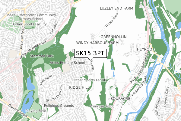 SK15 3PT map - small scale - OS Open Zoomstack (Ordnance Survey)