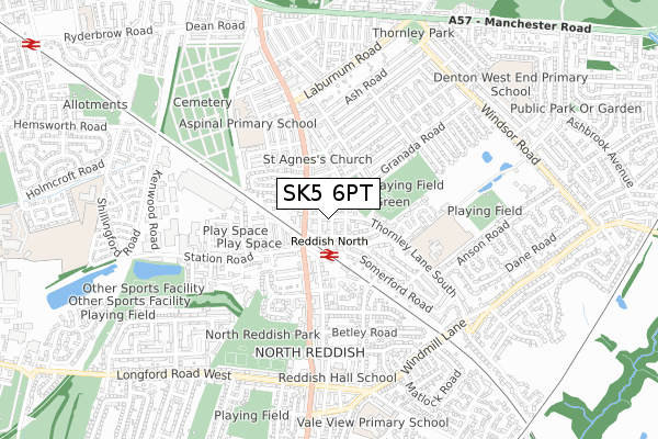 SK5 6PT map - small scale - OS Open Zoomstack (Ordnance Survey)