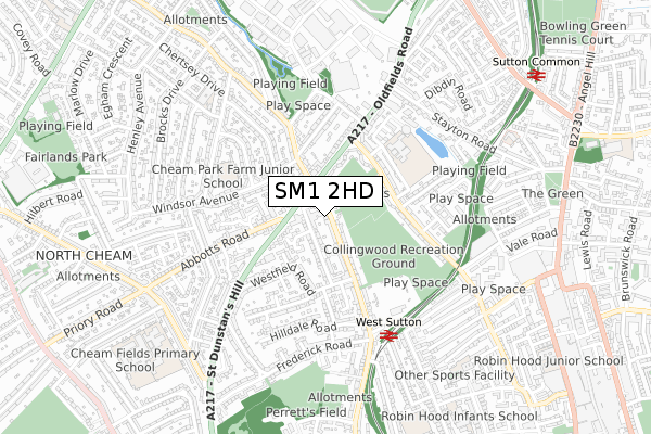 SM1 2HD map - small scale - OS Open Zoomstack (Ordnance Survey)