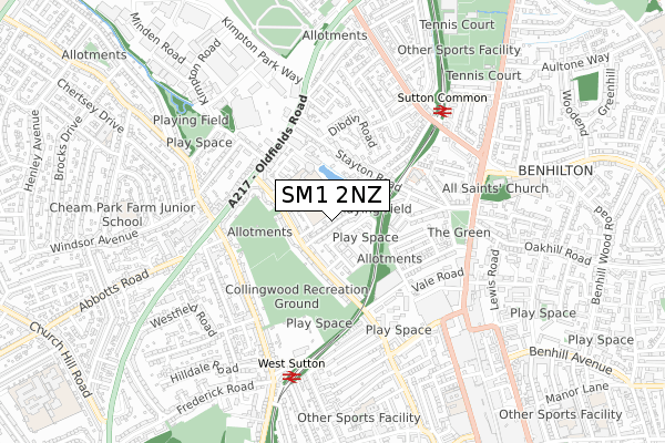 SM1 2NZ map - small scale - OS Open Zoomstack (Ordnance Survey)
