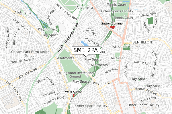 SM1 2PA map - small scale - OS Open Zoomstack (Ordnance Survey)