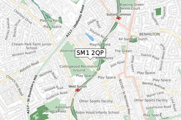 SM1 2QP map - small scale - OS Open Zoomstack (Ordnance Survey)