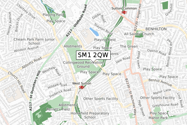 SM1 2QW map - small scale - OS Open Zoomstack (Ordnance Survey)