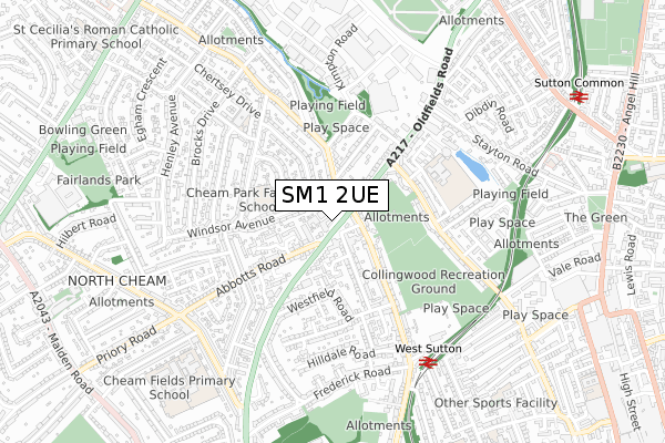 SM1 2UE map - small scale - OS Open Zoomstack (Ordnance Survey)