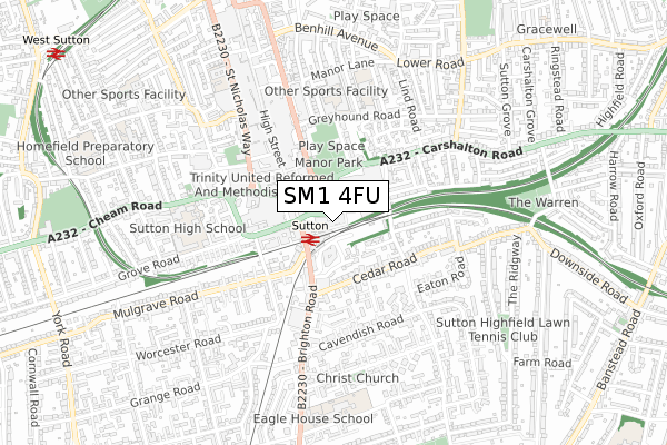 SM1 4FU map - small scale - OS Open Zoomstack (Ordnance Survey)