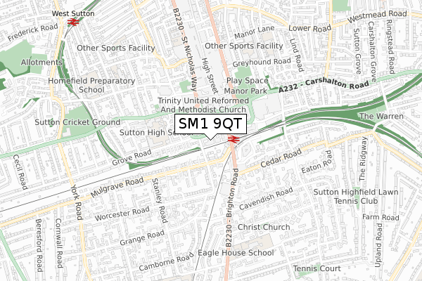 SM1 9QT map - small scale - OS Open Zoomstack (Ordnance Survey)