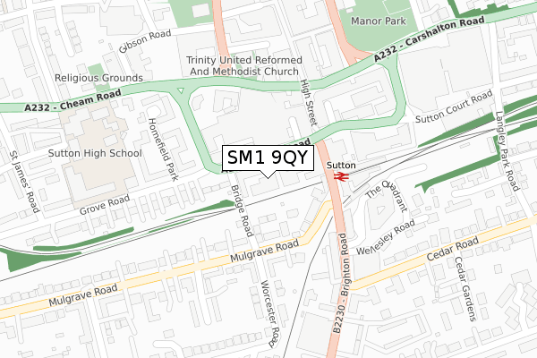 SM1 9QY map - large scale - OS Open Zoomstack (Ordnance Survey)
