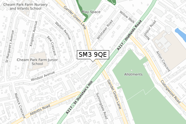 SM3 9QE map - large scale - OS Open Zoomstack (Ordnance Survey)