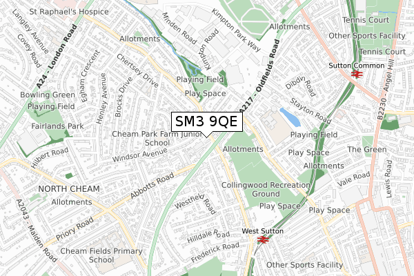 SM3 9QE map - small scale - OS Open Zoomstack (Ordnance Survey)