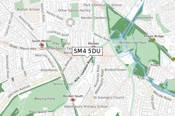 SM4 5DU map - small scale - OS Open Zoomstack (Ordnance Survey)