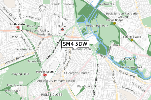 SM4 5DW map - small scale - OS Open Zoomstack (Ordnance Survey)
