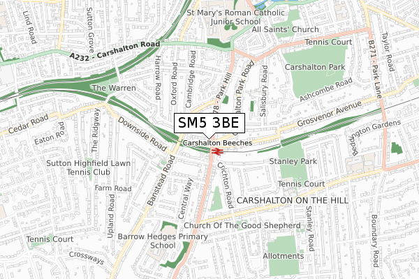 SM5 3BE map - small scale - OS Open Zoomstack (Ordnance Survey)