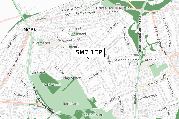 SM7 1DP map - small scale - OS Open Zoomstack (Ordnance Survey)