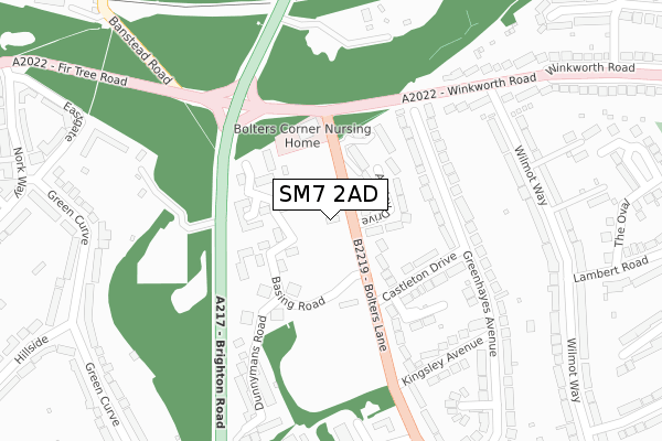 SM7 2AD map - large scale - OS Open Zoomstack (Ordnance Survey)