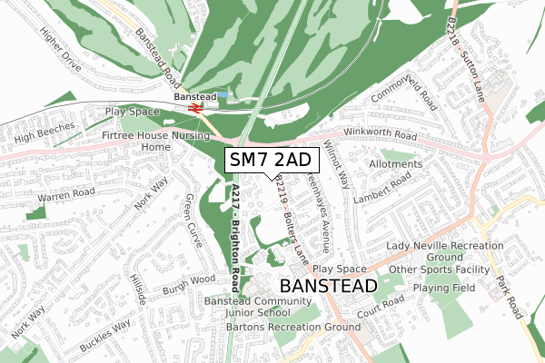 SM7 2AD map - small scale - OS Open Zoomstack (Ordnance Survey)