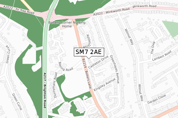 SM7 2AE map - large scale - OS Open Zoomstack (Ordnance Survey)