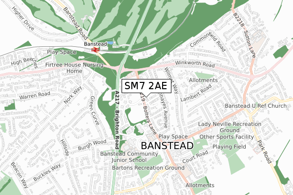 SM7 2AE map - small scale - OS Open Zoomstack (Ordnance Survey)
