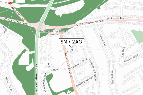 SM7 2AG map - large scale - OS Open Zoomstack (Ordnance Survey)